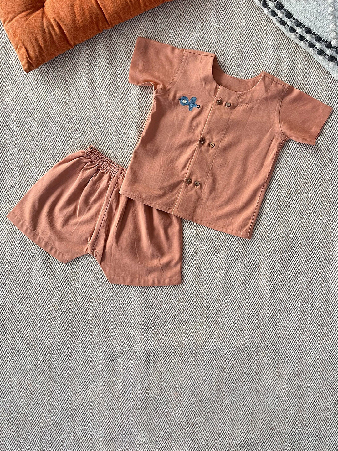 

Bhaakur The Blue Bird Kids Embroidered Pure Cotton Shirt with Shorts, Brown