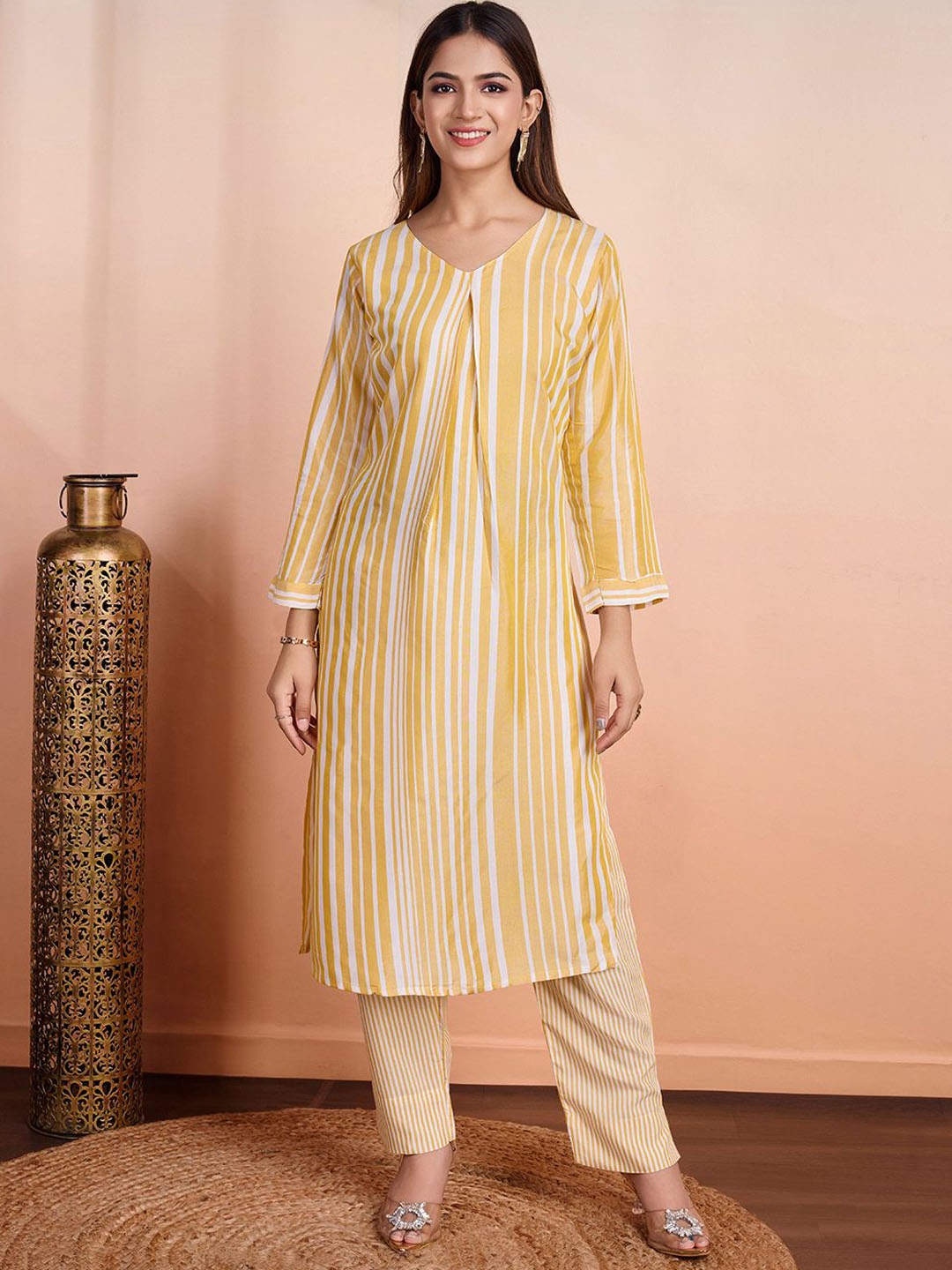 

ZARIMO Striped V-Neck Three-Quarter Sleeves Straight Kurta with Trousers, Yellow