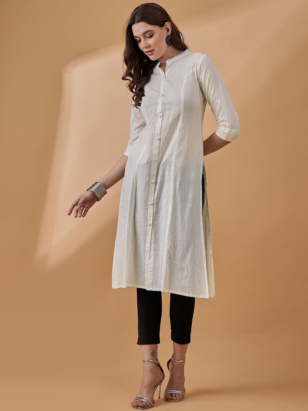 

all about you Striped Mandarin Collar Roll-Up Sleeves Cotton A-Line Kurta, White