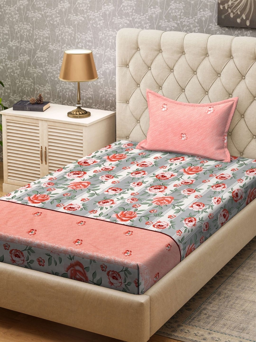 

KLOTTHE Pink & Grey Floral Printed 300TC Single Bedsheet & Pillow Cover