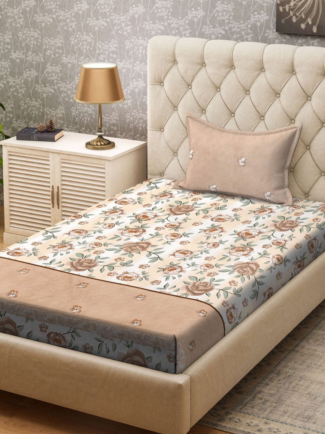 

KLOTTHE Brown & White Floral Printed 300TC Single Bedsheet & Pillow Cover