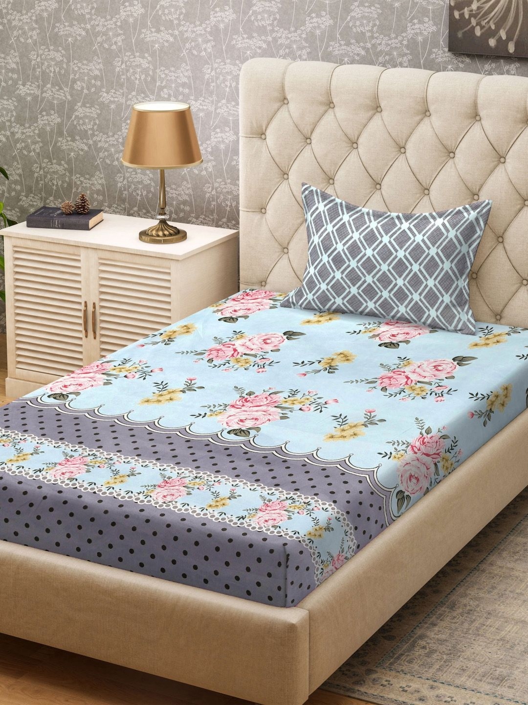 

KLOTTHE Blue & Pink Floral Printed 300TC Single Bedsheet & Pillow Cover