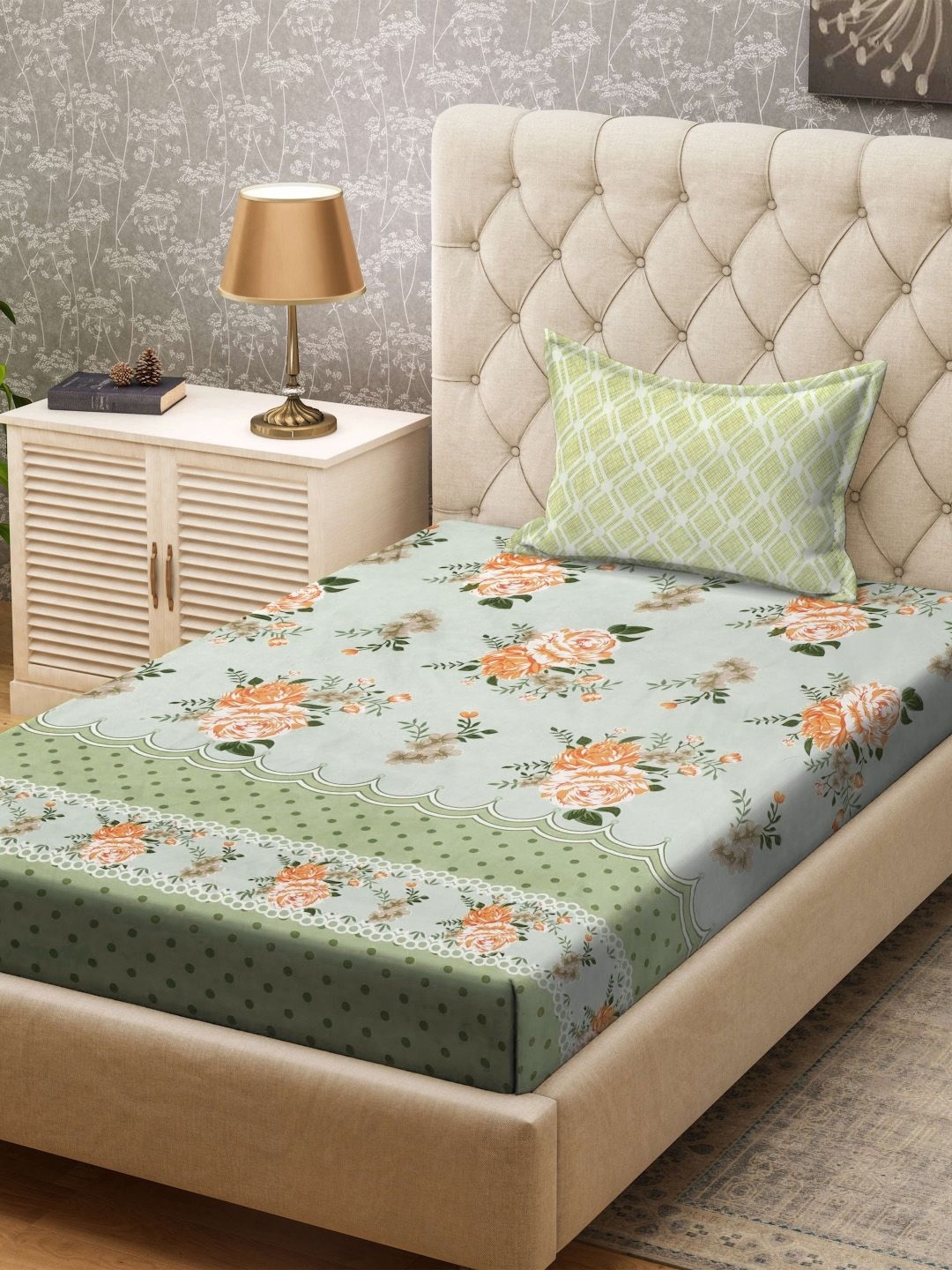 

KLOTTHE Green & Orange Printed 300TC Single Bedsheet & Pillow Cover