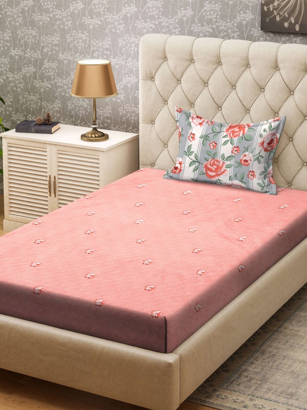 

KLOTTHE Pink & Grey Floral Printed 300TC Single Bedsheet & Pillow Cover