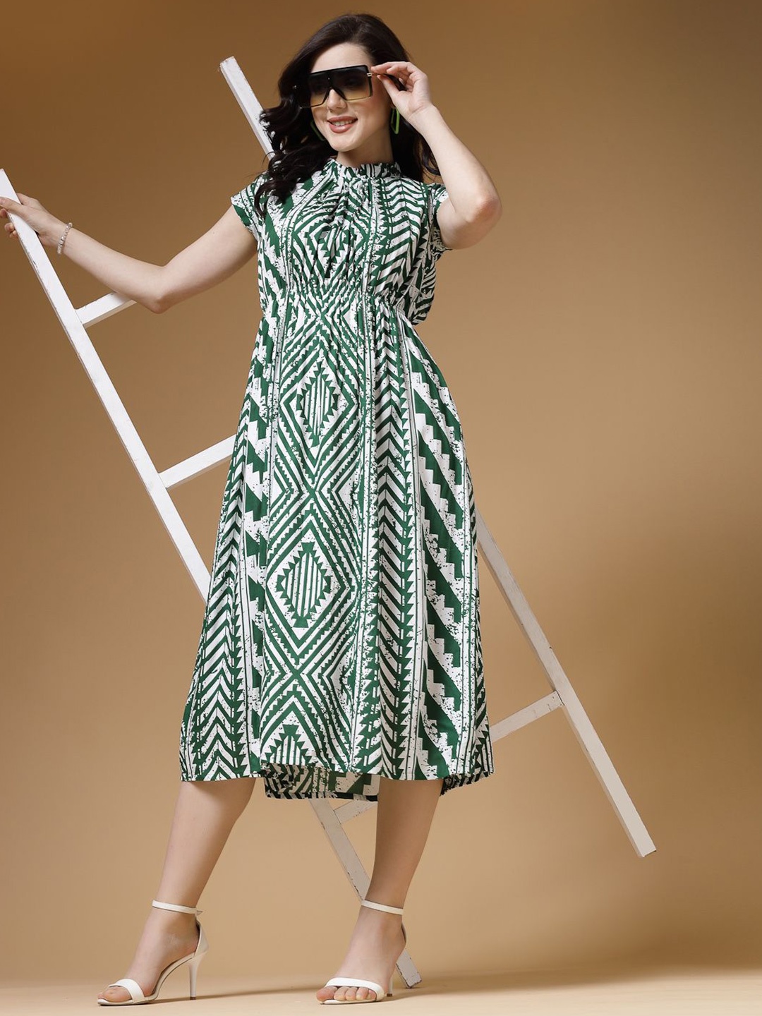 

Indibelle Printed Mock Neck A-Line Midi Dress, Green