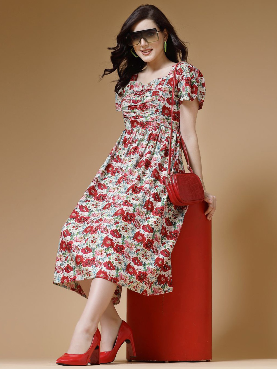 

Indibelle Floral Printed Pleated Fit & Flare Midi Dress, Red
