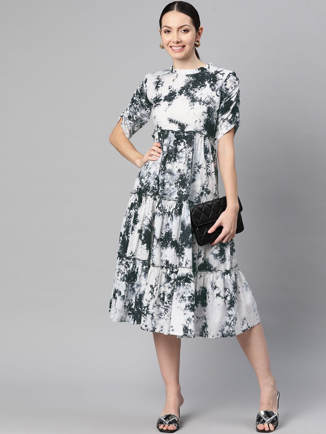 

Indibelle Tie and Dye Puff Sleeve Tiered Empire Midi Dress, Black