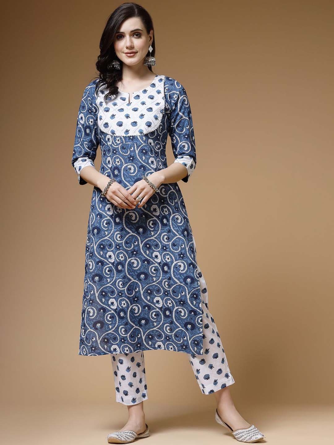 

Indibelle Floral Printed Notch Neck Pure Cotton Straight Kurta With Trousers, Blue