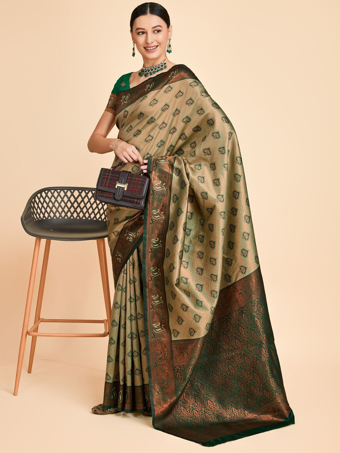 

COSBILA FASHION Woven Design Zari Silk Blend Banarasi Saree, Green