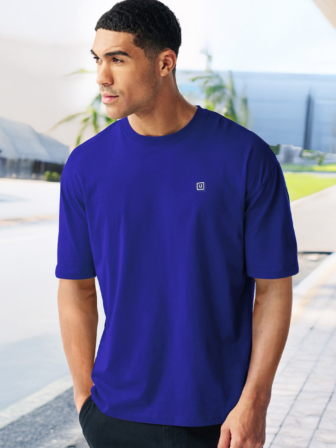 

Urbano Fashion Men's Solid Round Neck Oversized Half Sleeve Cotton T-Shirt, Blue
