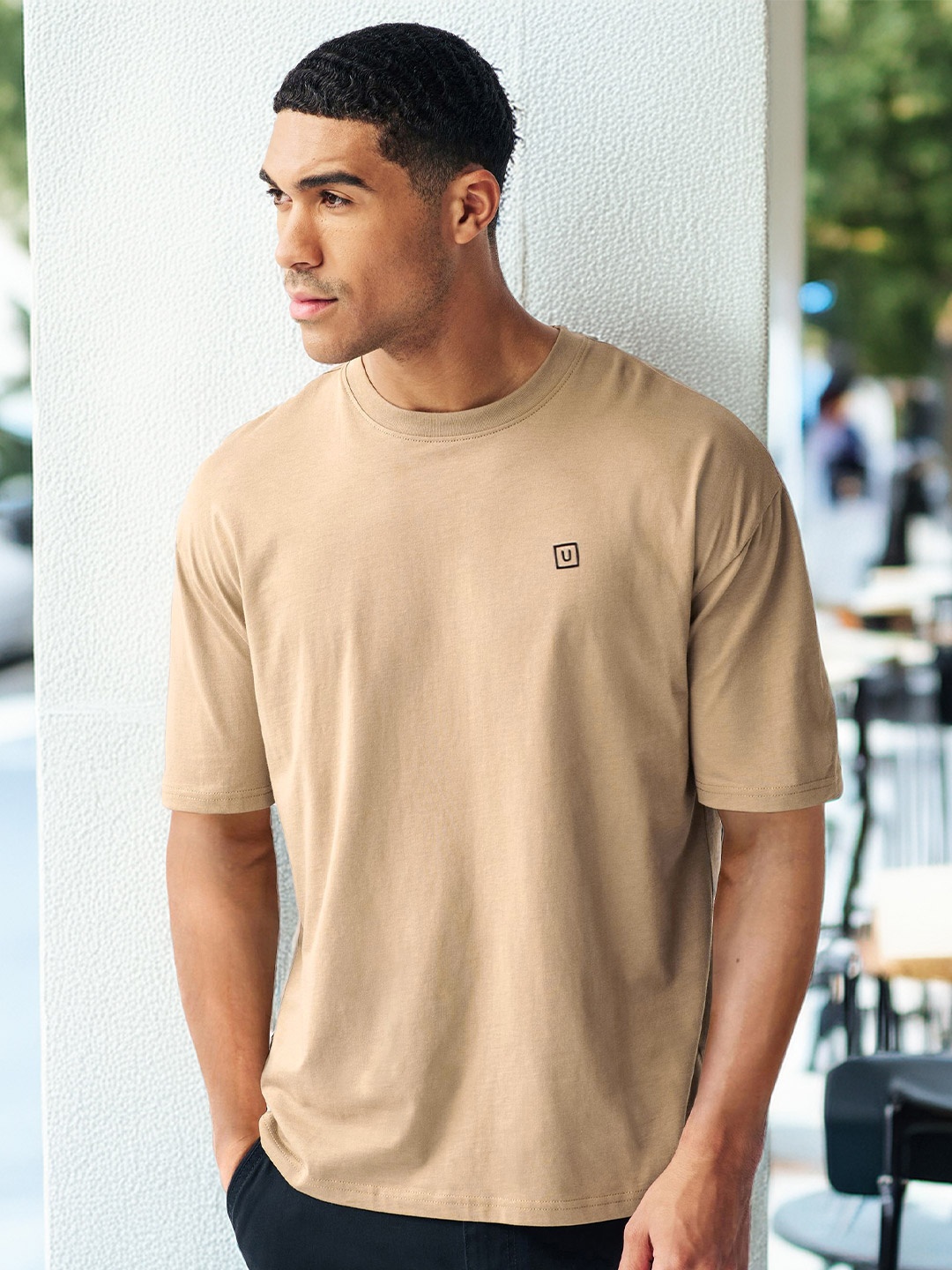 

Urbano Fashion Men's Solid Round Neck Oversized Half Sleeve Cotton T-Shirt, Brown