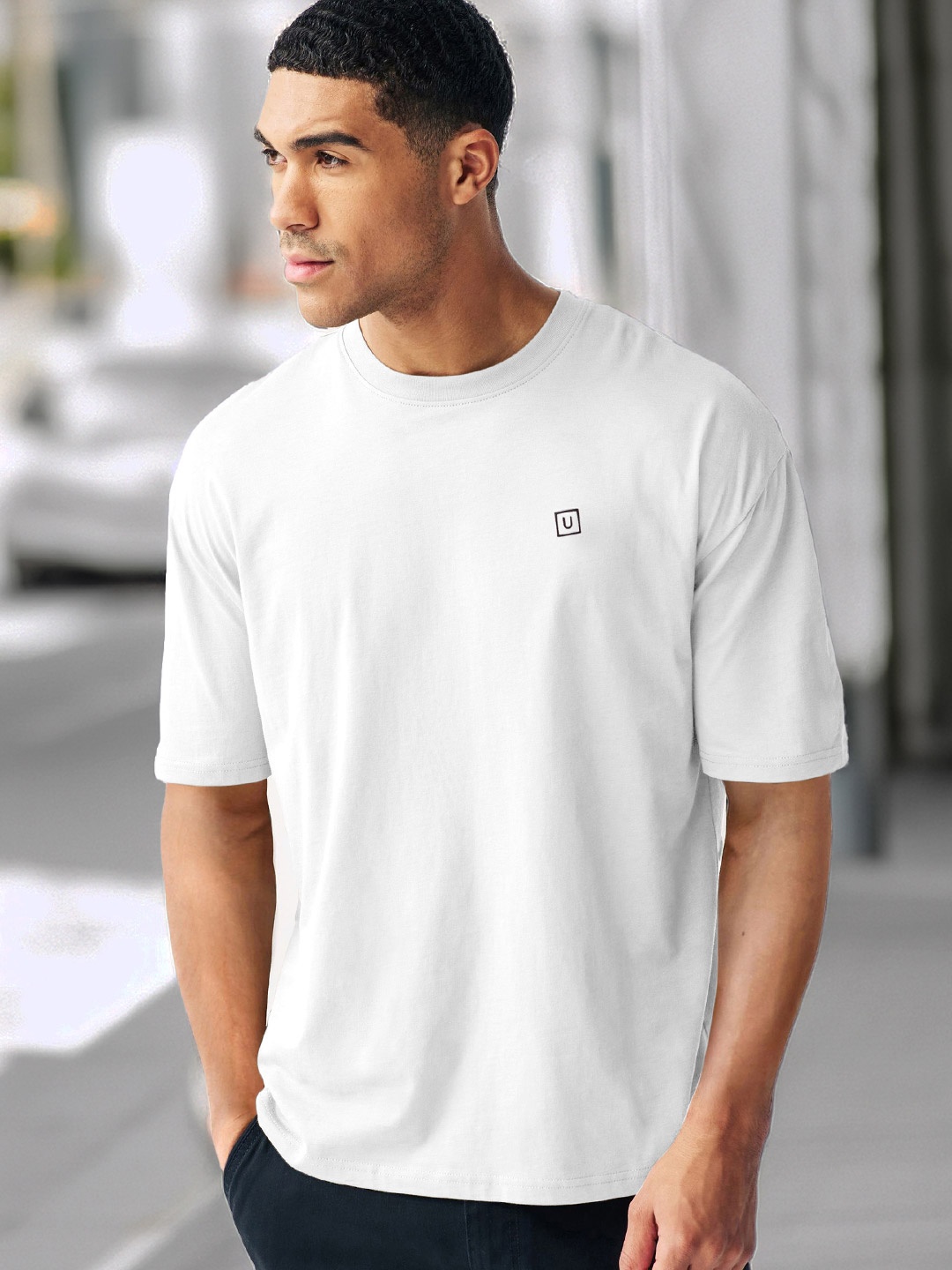 

Urbano Fashion Men Solid Round Neck Half Sleeve Cotton Oversized T Shirt, White