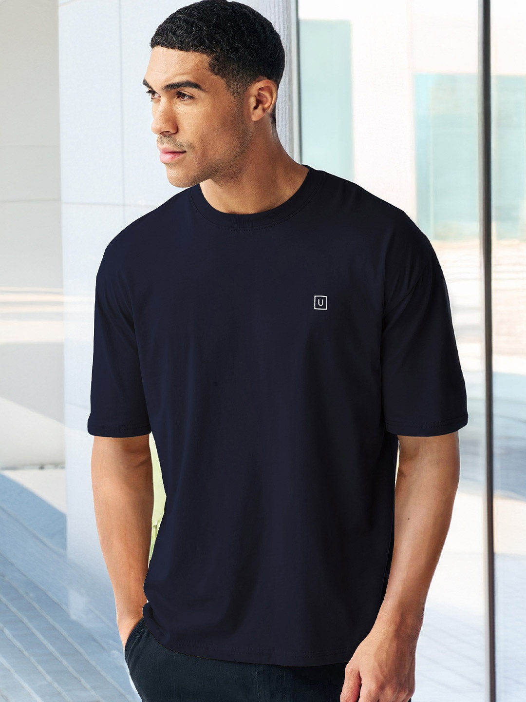 

Urbano Fashion Men's Blazer Solid Round Neck Oversized Half Sleeve Cotton T-Shirt, Navy blue