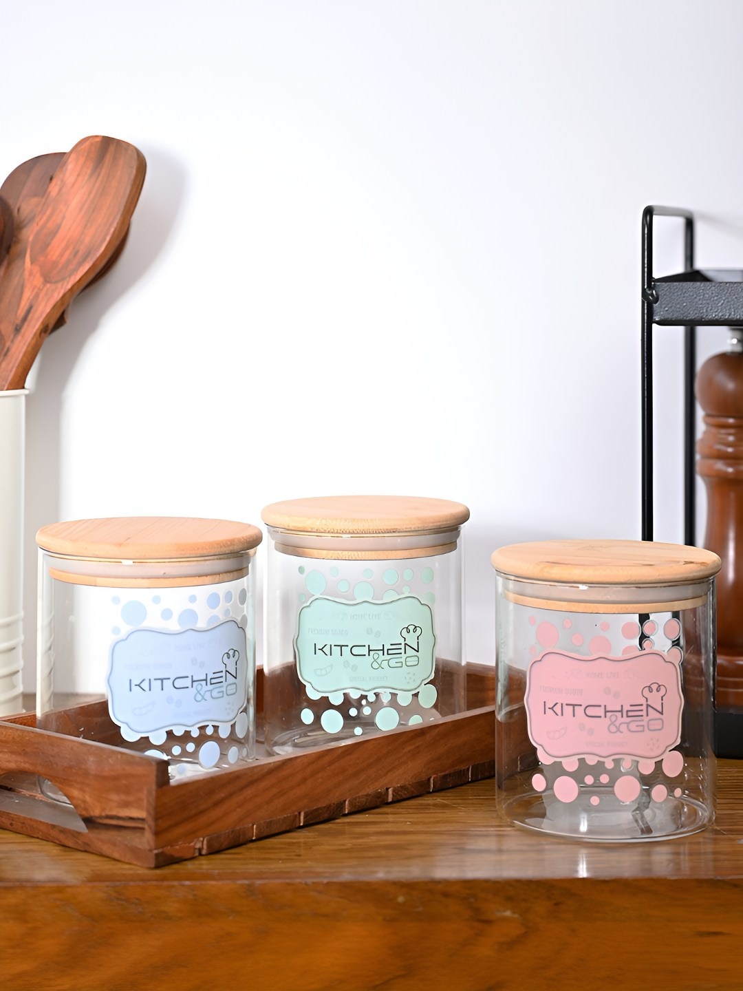 

MARKET99 Transparent 3 Pieces Wooden & Glass Jar With Lid 500 ml