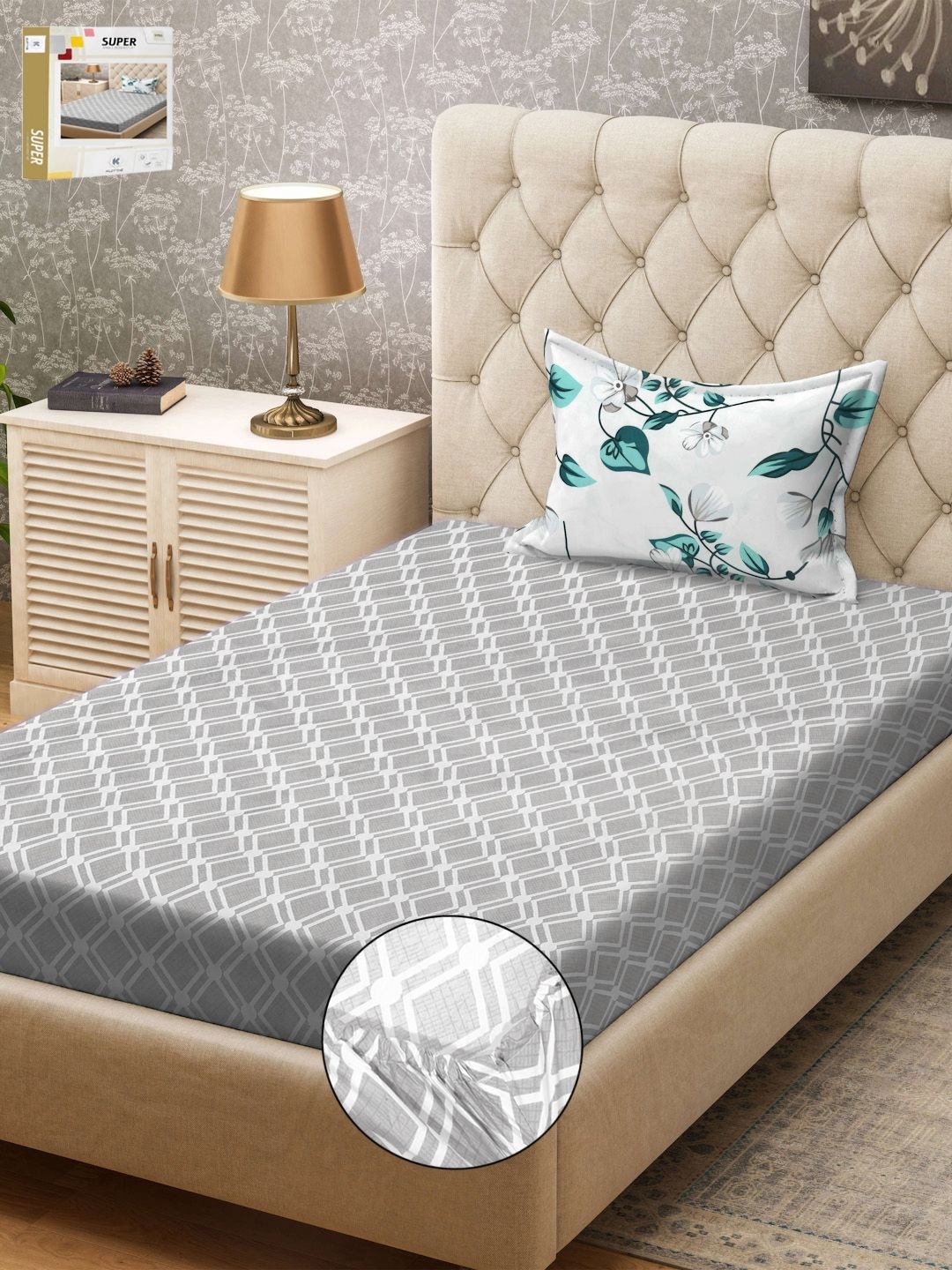 

KLOTTHE Grey & Blue Geometric Printed 300TC Fitted Single Bedsheet & Pillow Cover