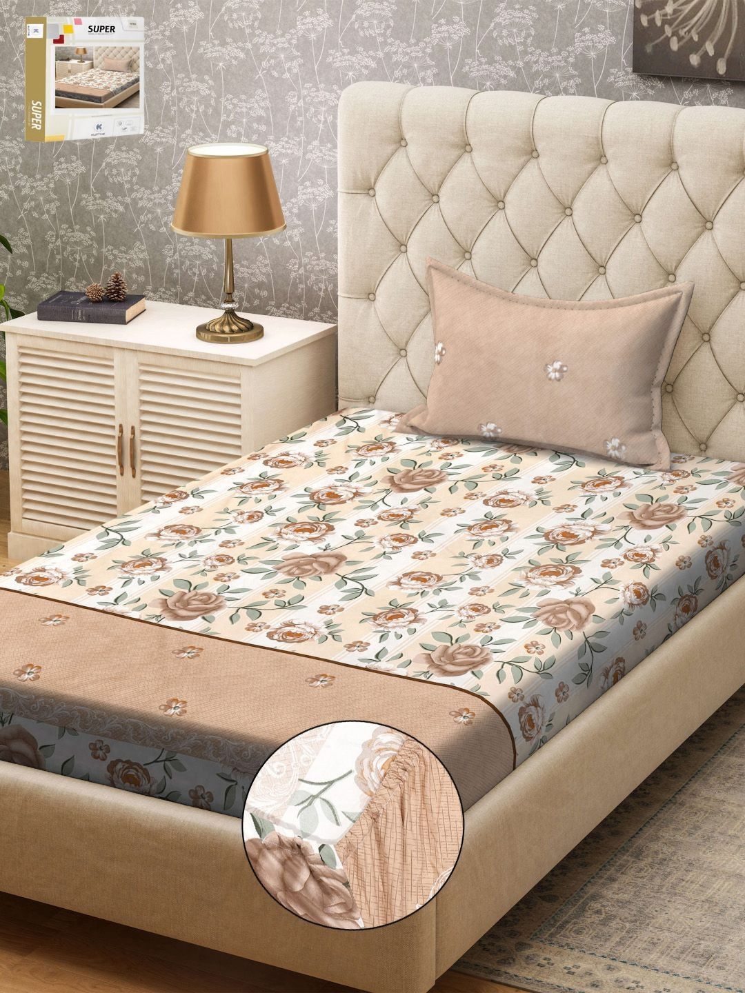 

KLOTTHE Brown & Pink Floral Printed 300TC Fitted Single Bedsheet & Pillow Cover