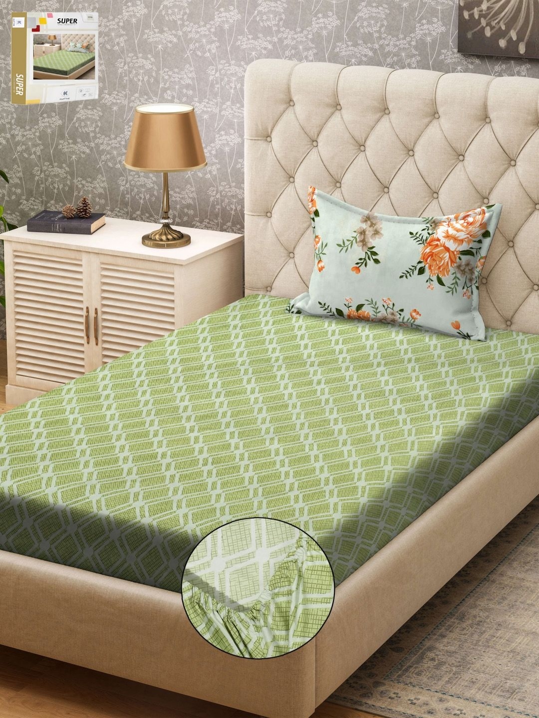 

KLOTTHE Green & Grey Geometric Printed 300TC Fitted Single Bedsheet & Pillow Cover