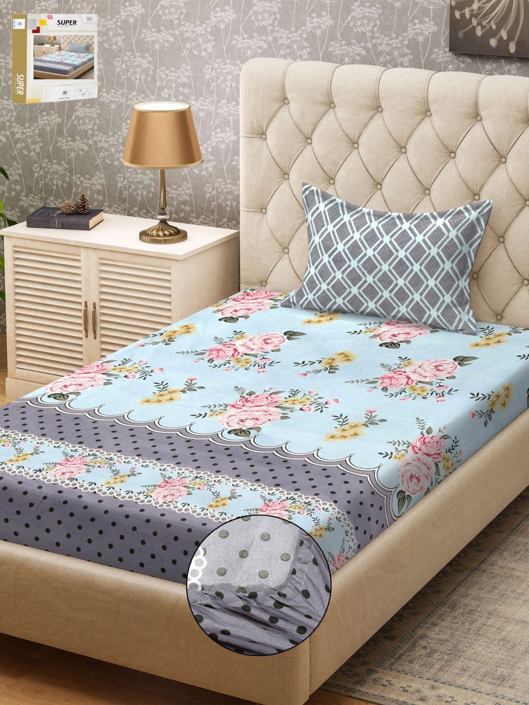 

KLOTTHE Blue & Pink Floral Printed 300TC Fitted Single Bedsheet & Pillow Cover