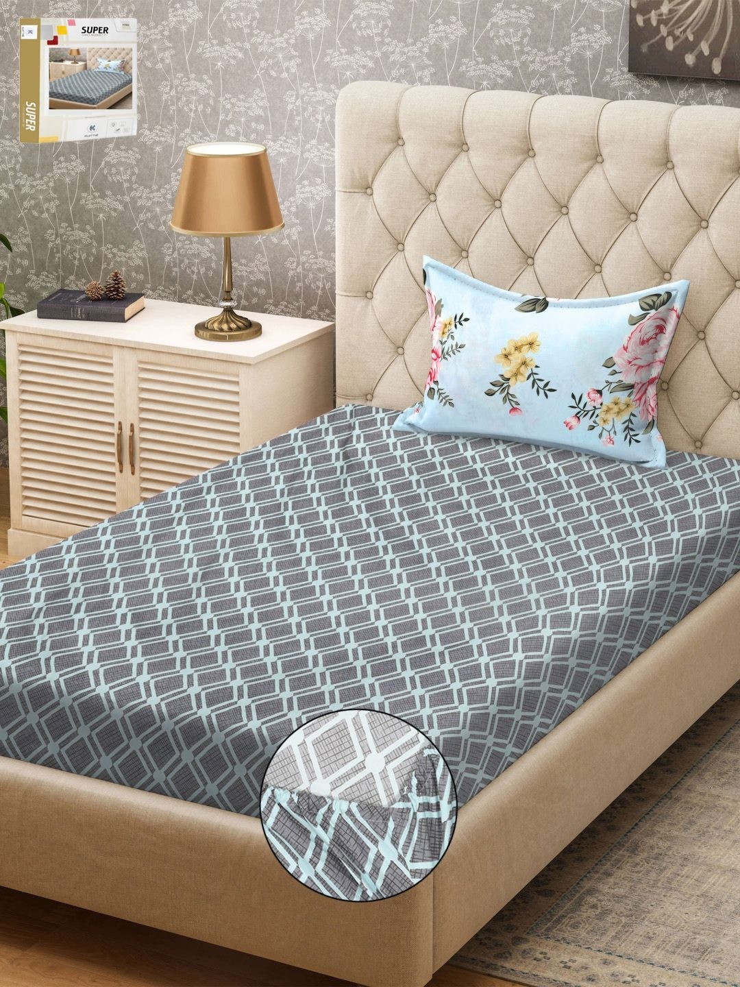 

KLOTTHE Blue & Grey Geometric Printed 300TC Fitted Single Bedsheet & Pillow Cover