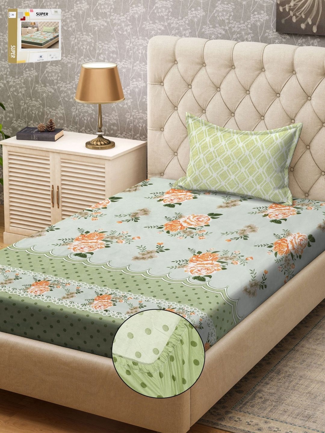 

KLOTTHE Green & Rust Printed 300TC Single Bedsheet & Pillow Cover
