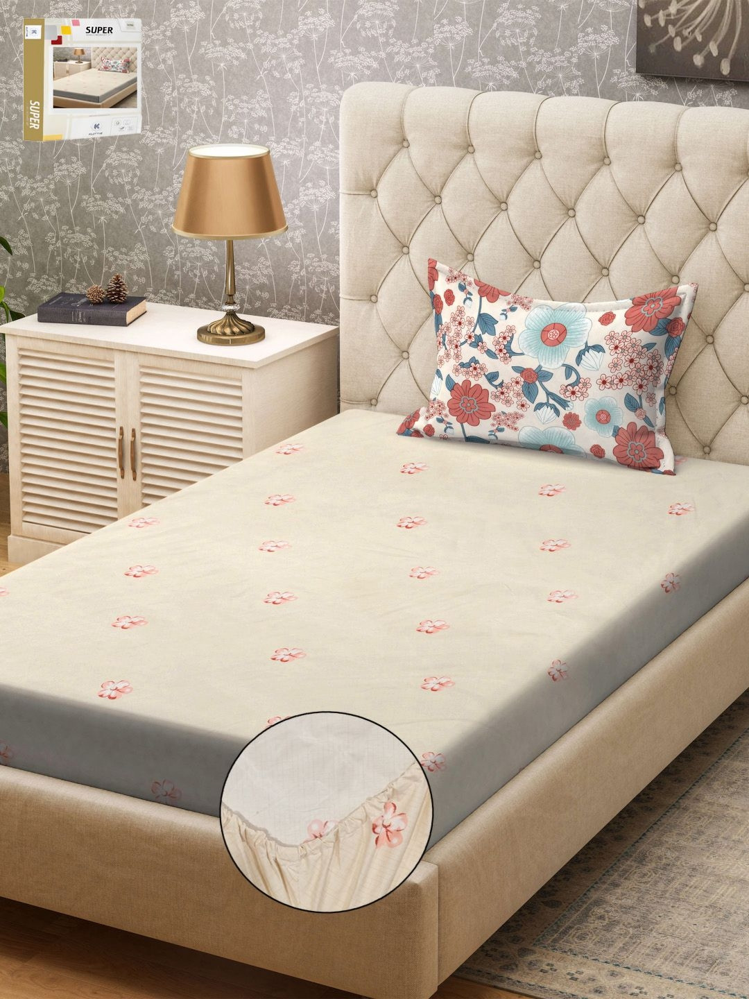 

KLOTTHE Beige & Red Colored Printed 300TC Single Bedsheet & Pillow Cover