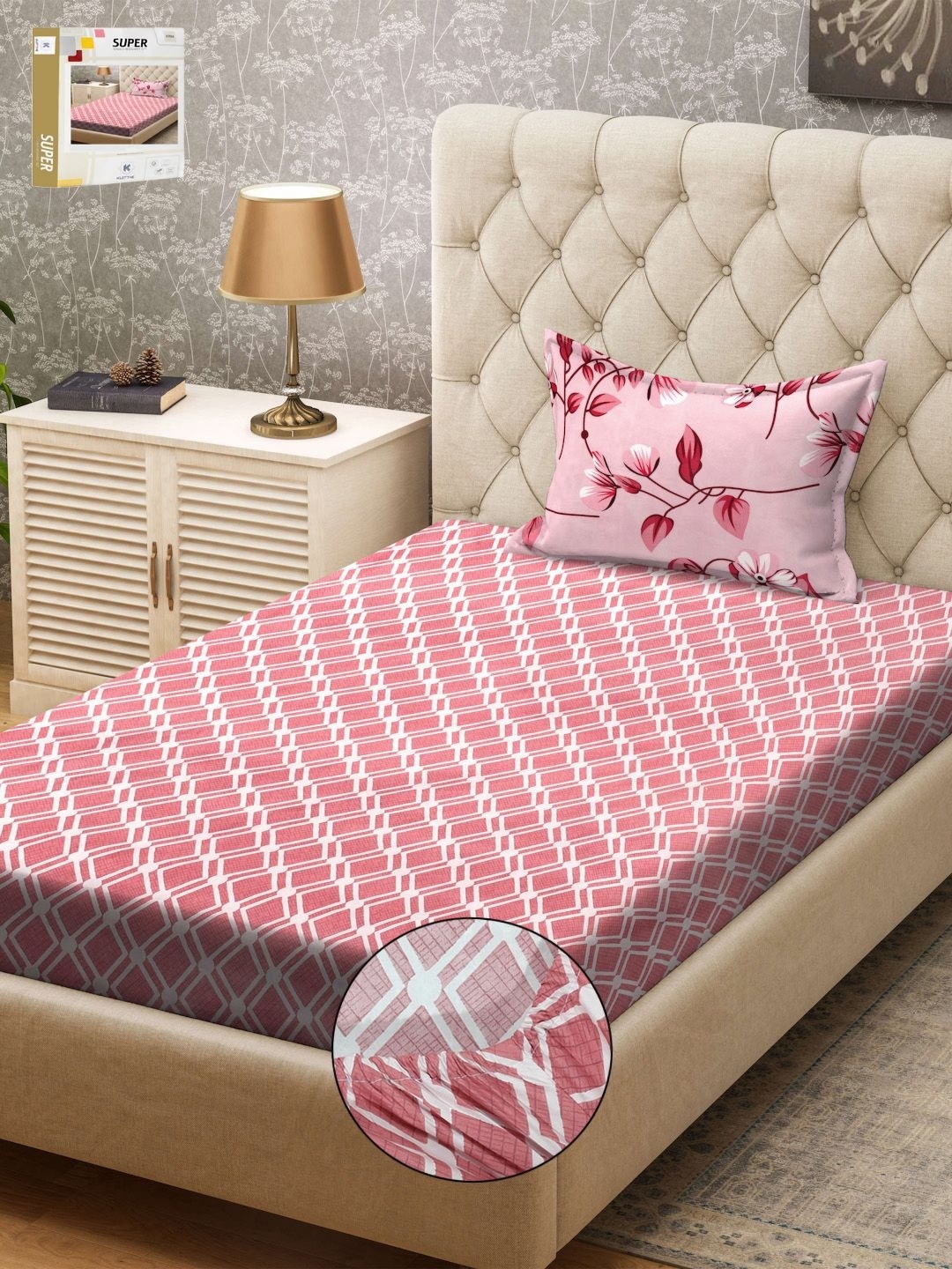 

KLOTTHE Red & Pink Geometric Printed 300TC Fitted Single Bedsheet & Pillow Cover