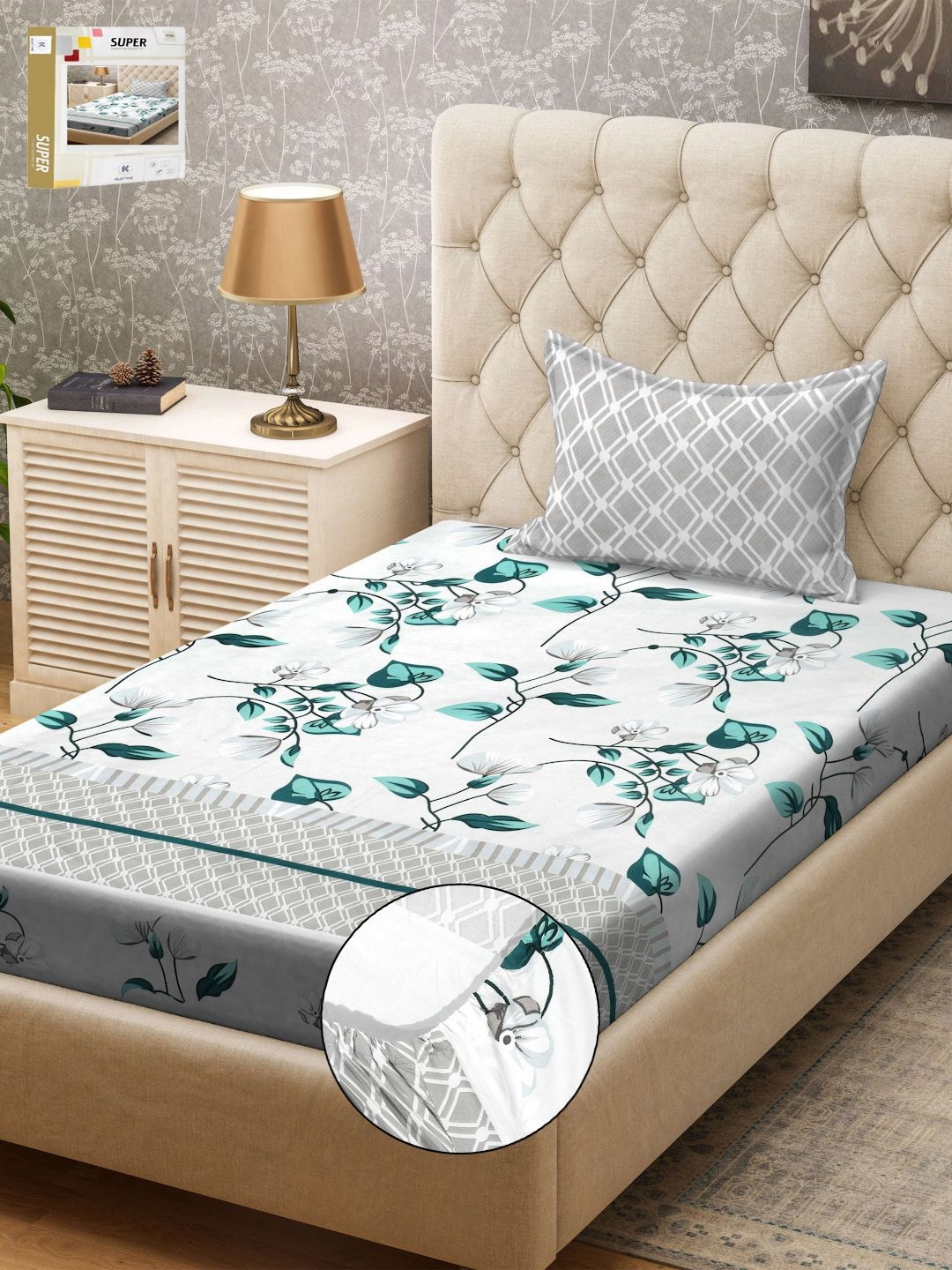 

KLOTTHE Grey & Green Printed 300TC Single Bedsheet & Pillow Cover