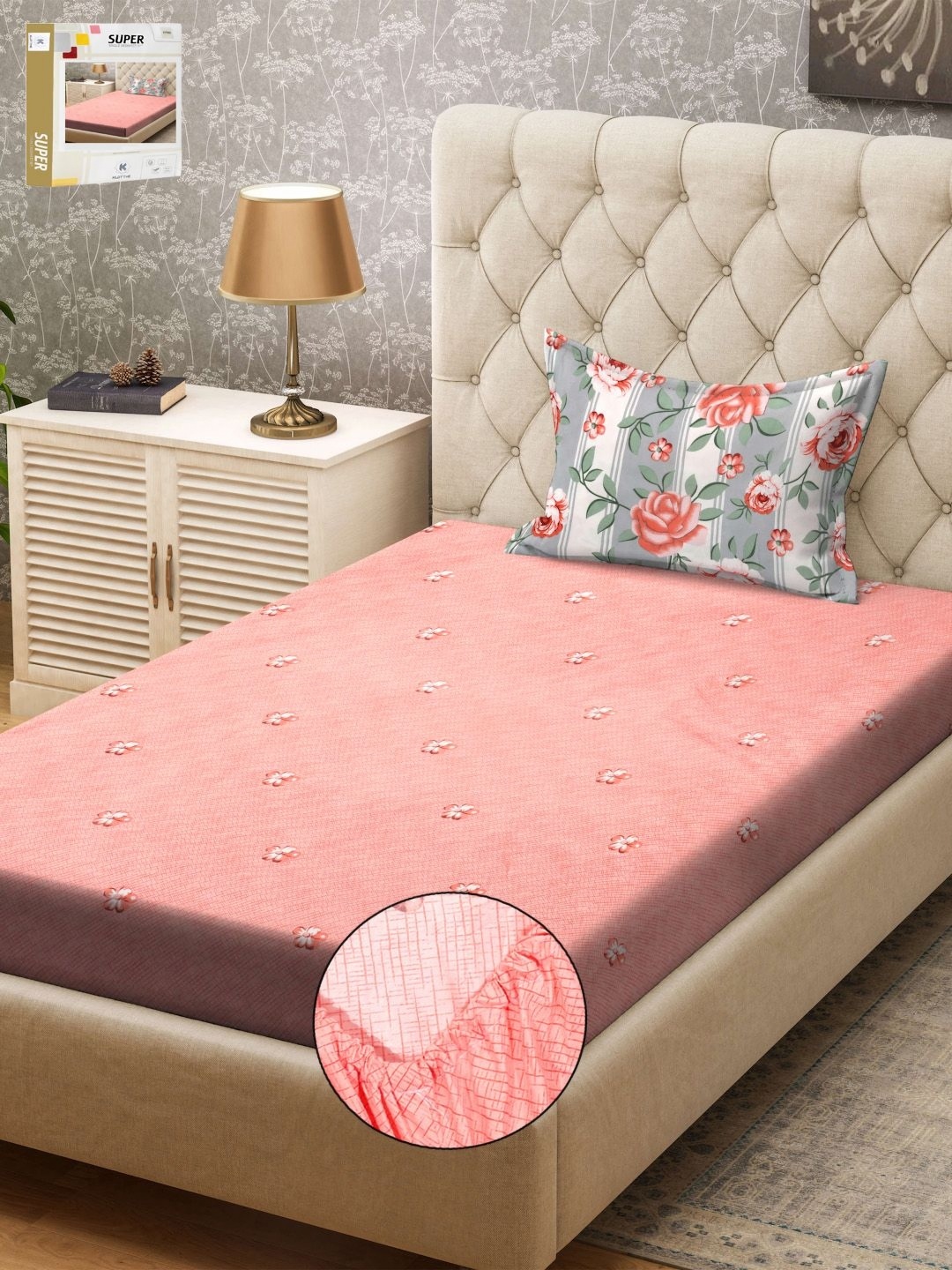 

KLOTTHE Pink & White Floral Printed 300TC Fitted Single Bedsheet & Pillow Cover