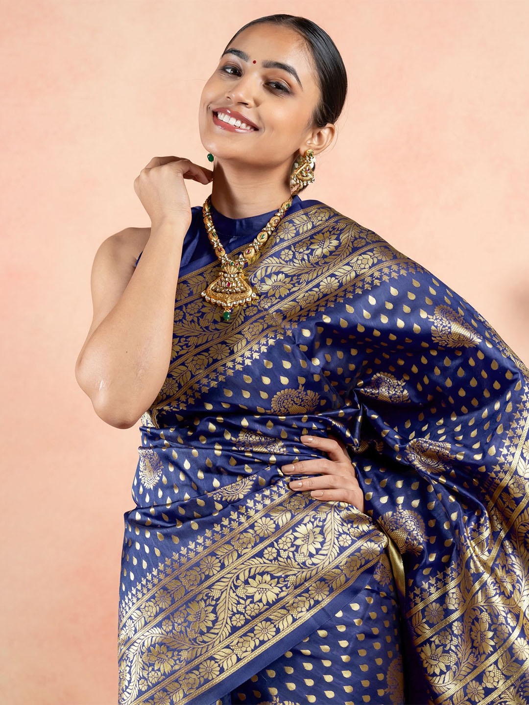

Subham Ethnic Motifs Woven Design Zari Saree, Navy blue