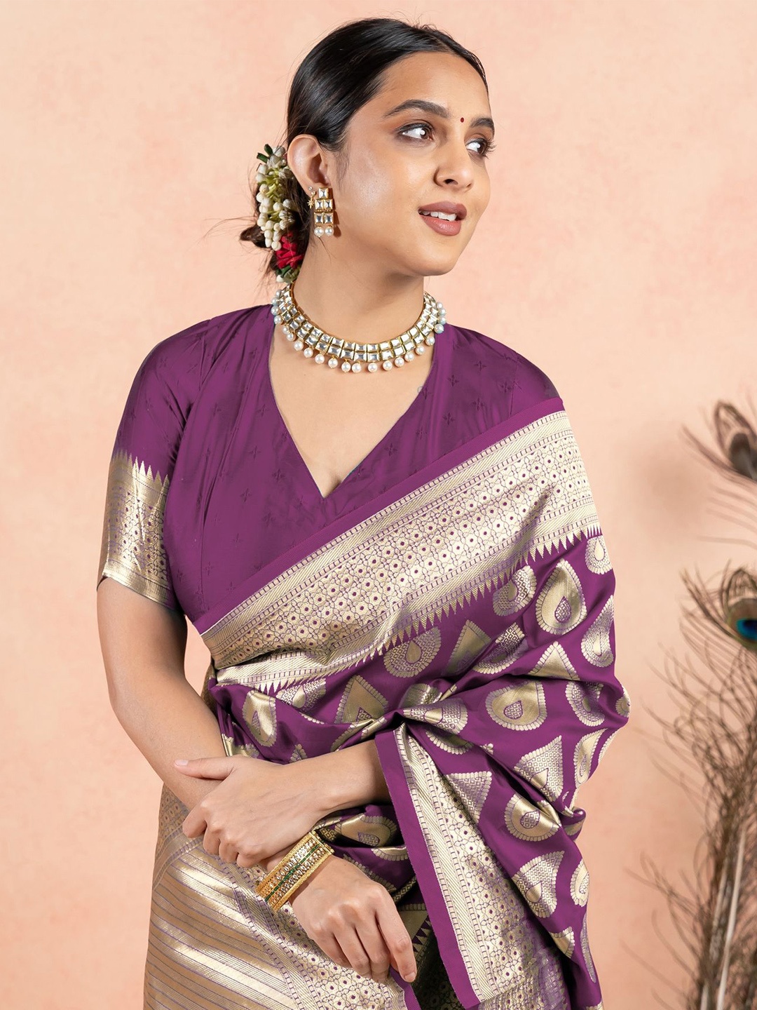 

Subham Ethnic Motifs Woven Design Zari Saree, Purple