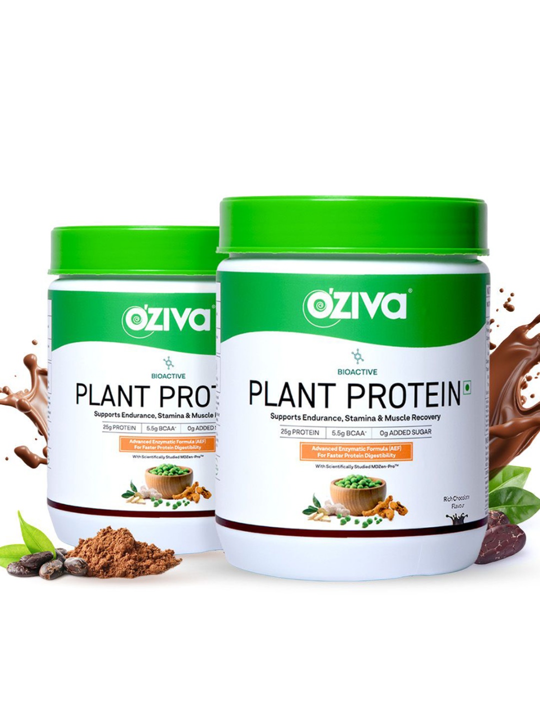 

OZiva Set Of 2 Bioactive Plant Protein - 500g Each - Rich Chocolate, Green
