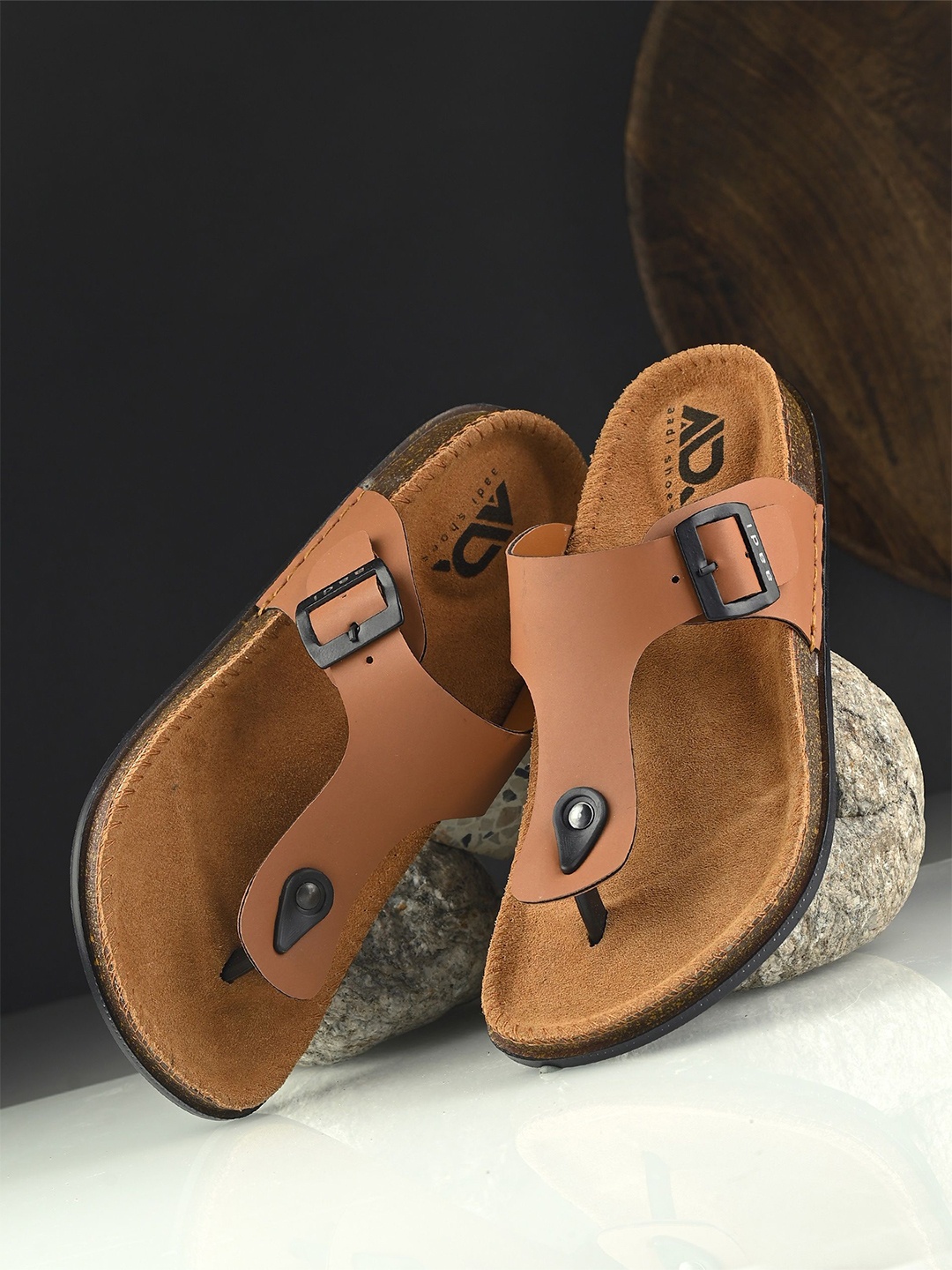 

aadi Men Comfortable Buckle Thong Flip-Flops, Tan