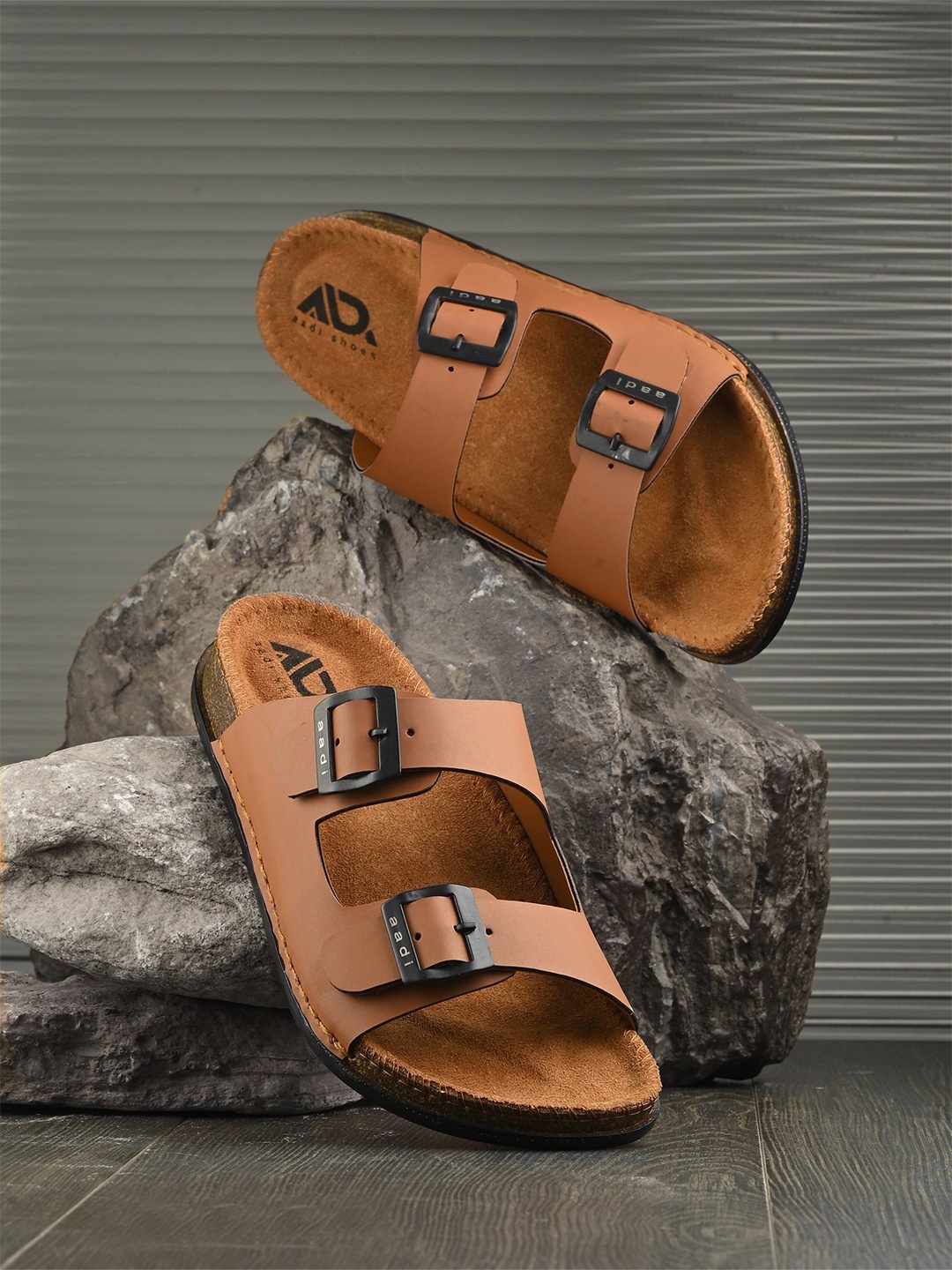 

aadi Men Buckle Open Toe Sliders Flip Flops, Tan