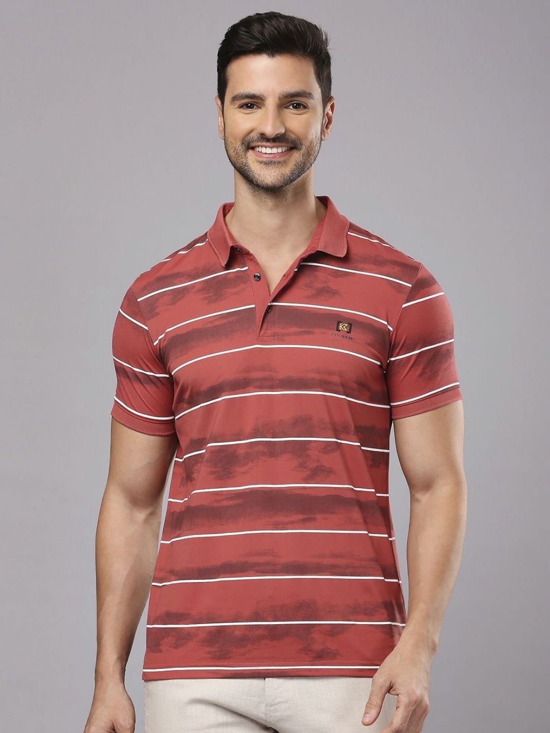 

Men Striped Polo Collar Cotton T-Shirt, Rust