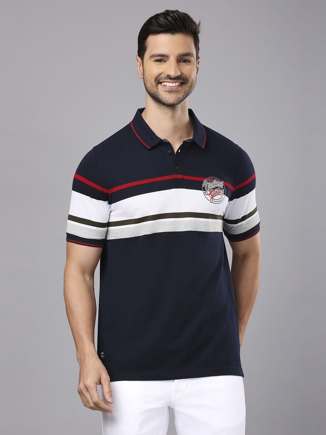 

Klub Fox Men Striped Polo Collar Cotton T-Shirt, Navy blue