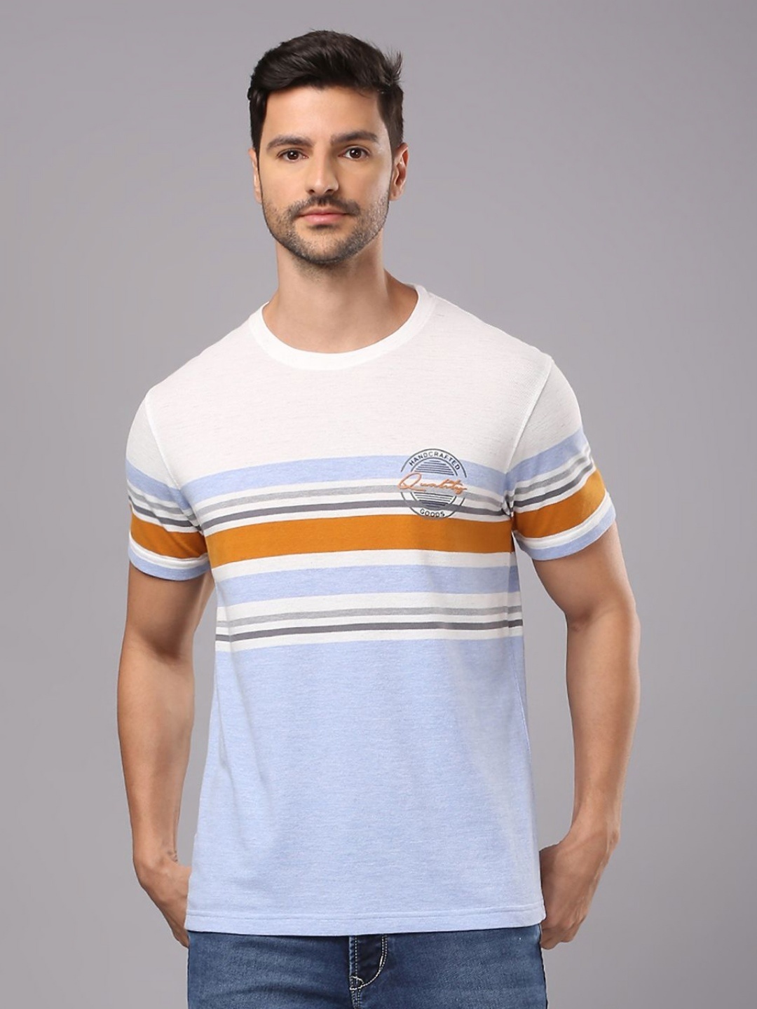 

Men Striped Round Neck Cotton T-Shirt, Blue