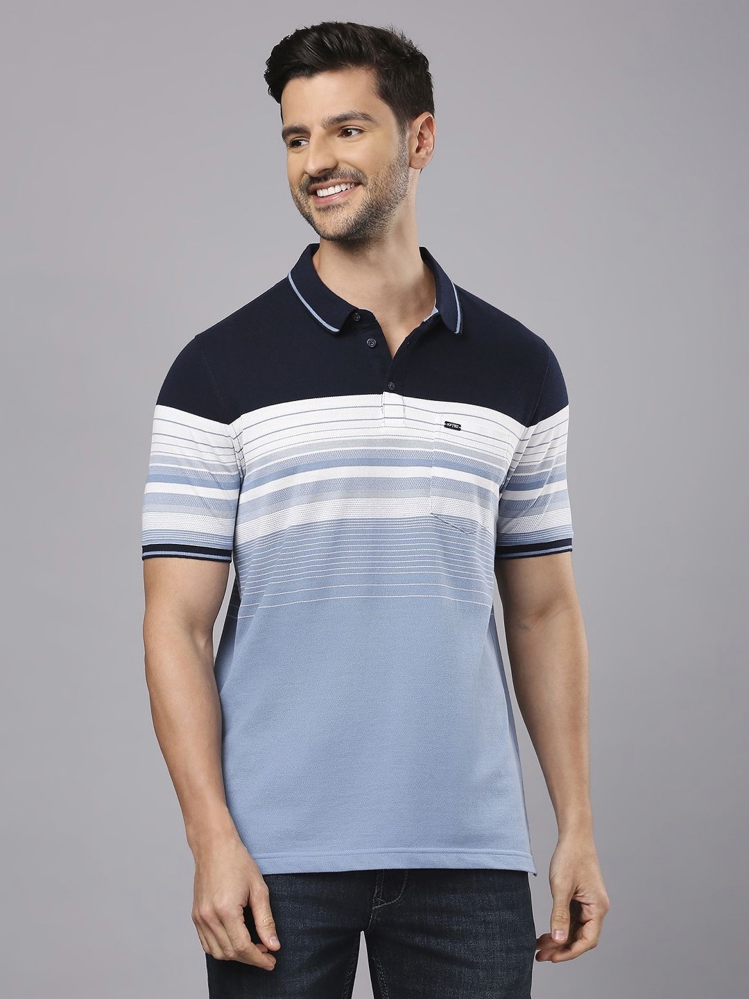 

Men Striped Polo Collar Cotton T-Shirt, Blue