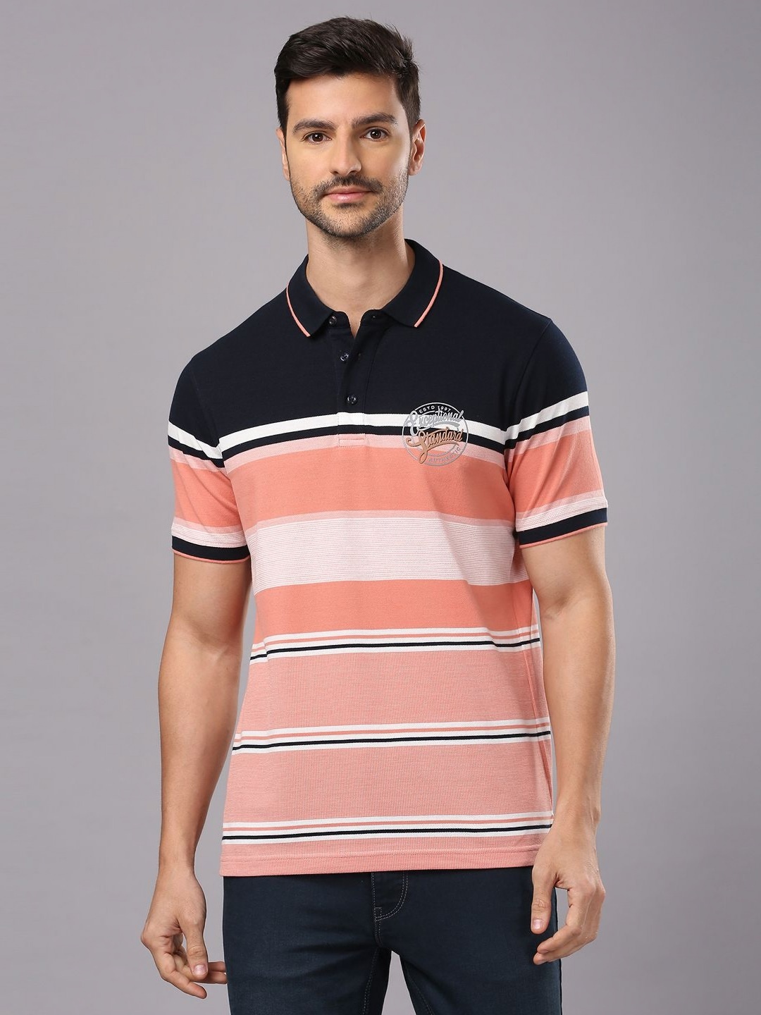 

Men Striped Polo Collar Cotton T-Shirt, Pink
