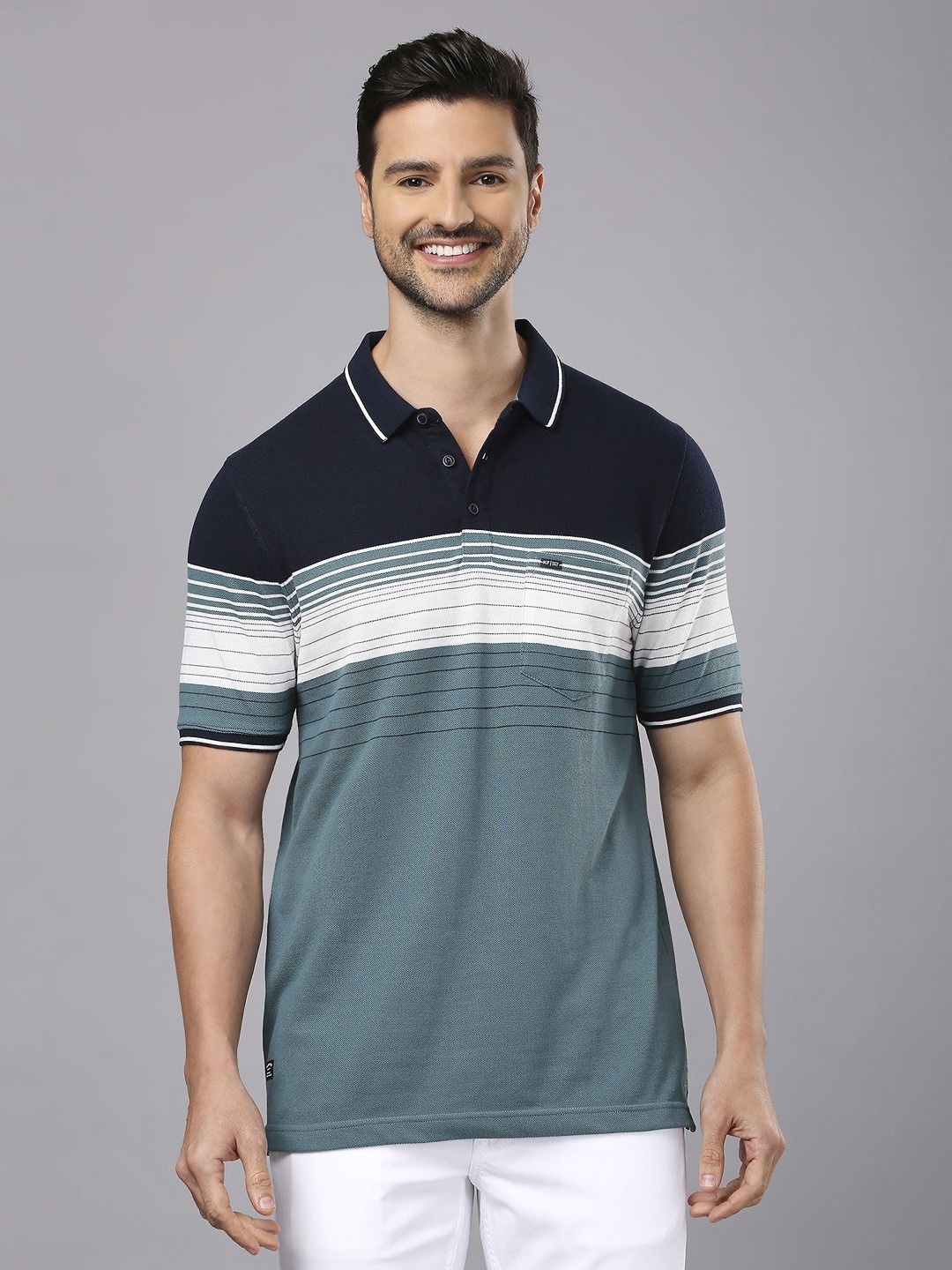 

Men Striped Polo Collar Cotton T-Shirt, Green