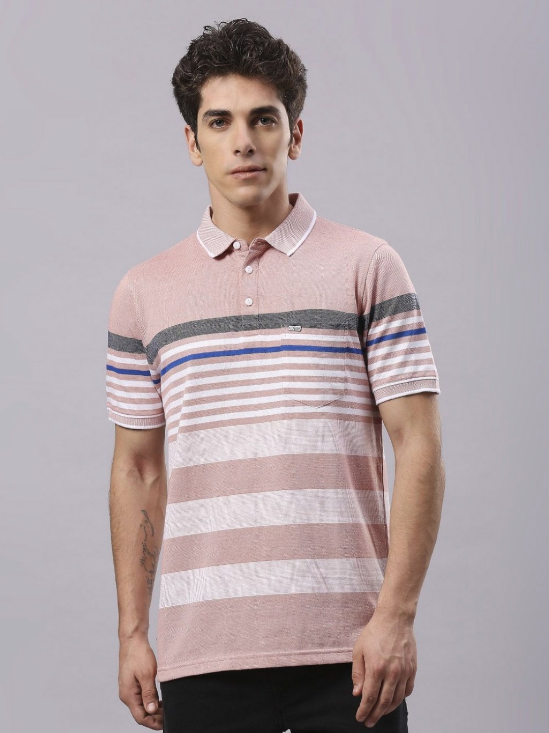 

Men Striped Polo Collar Cotton T-Shirt, Pink