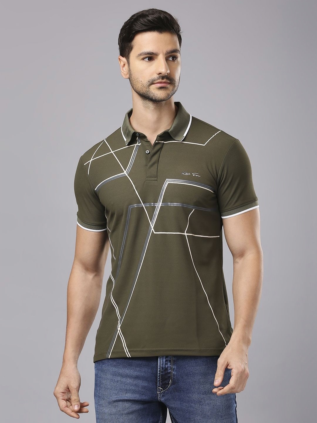 

Klub Fox Men Abstract Printed Polo Collar Cotton T-Shirt, Olive
