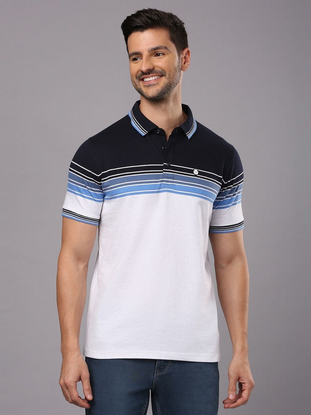 

Men Striped Polo Collar Cotton T-Shirt, White