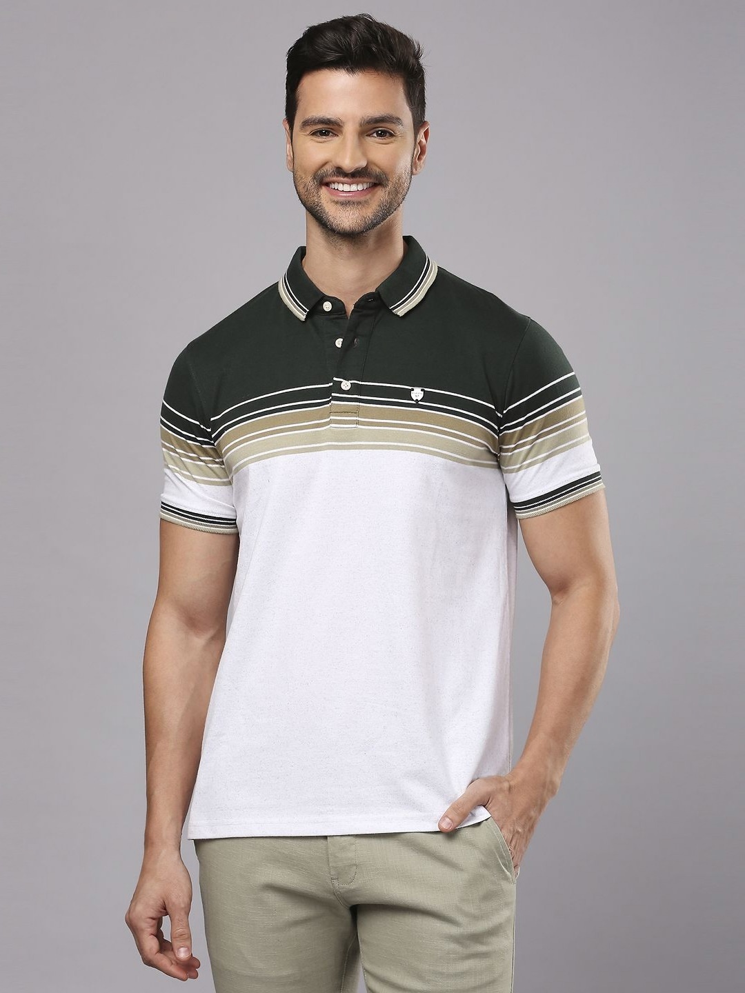 

Men Striped Polo Collar Cotton T-Shirt, Green