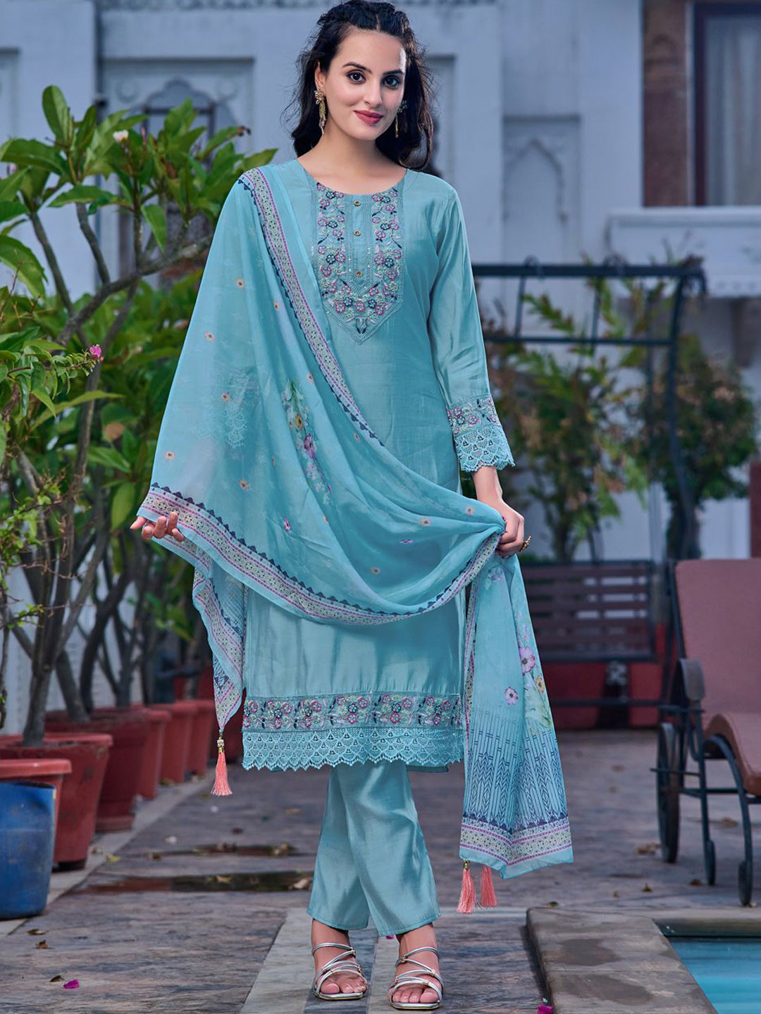 

KALINI Floral Embroidered Straight Kurta with Trousers & With Dupatta, Blue