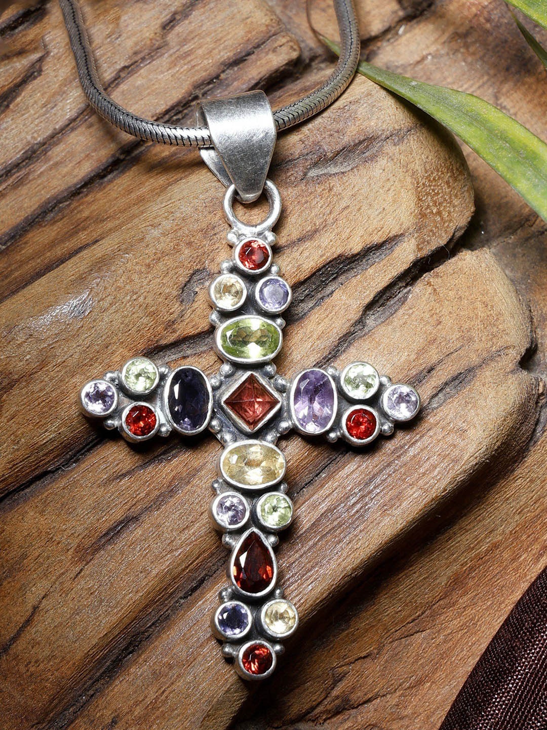 

Exotic India Faceted Multicolor Gemstone Cross Pendant, Silver