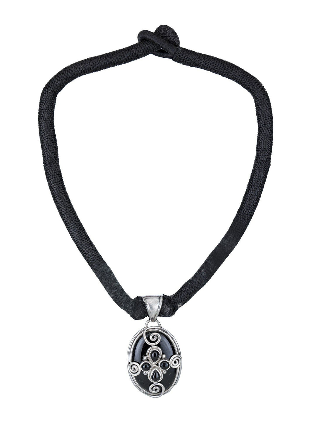 

Exotic India Black-Onyx Stone Sterling Silver Pendant with Rope Necklace