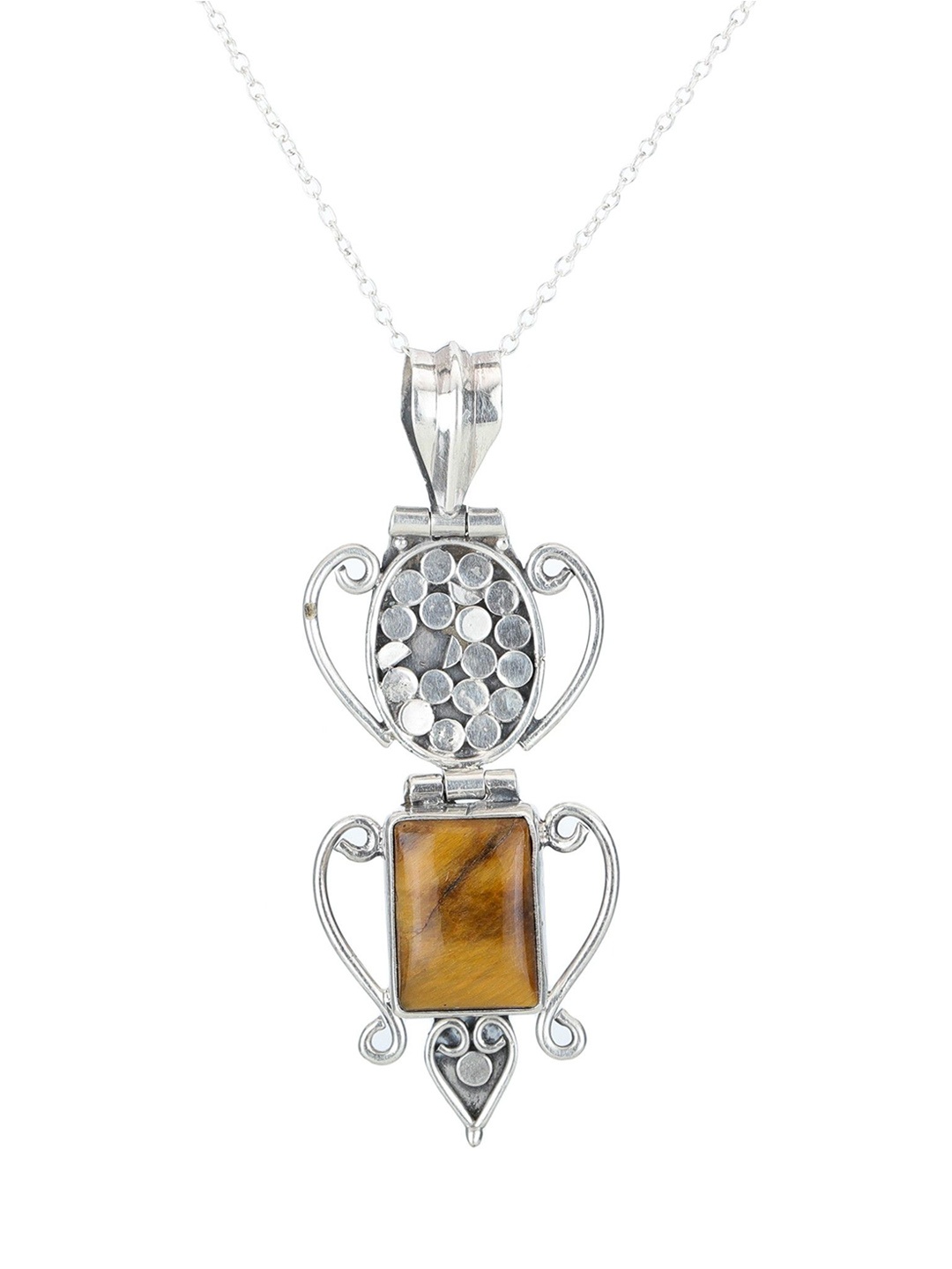 

Exotic India Tiger-Eye Rectangular Stone Sterling Silver Long Pendant