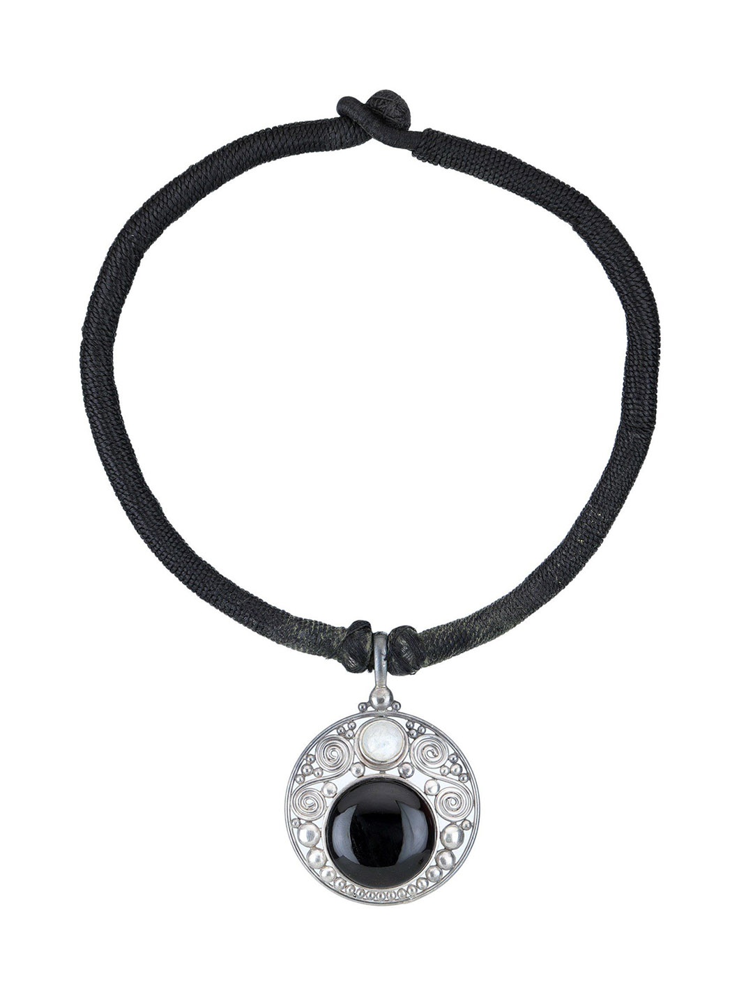 

Exotic India Black Onyx Gemstone Sterling Silver Round Pendant with Rope Necklace