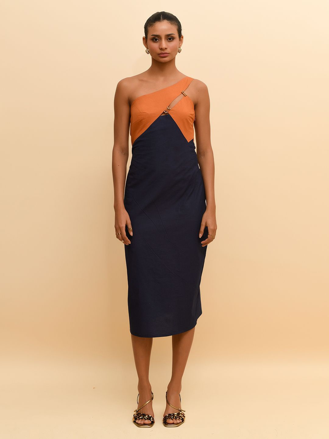 

R.Y by Rishi and Vibhuti Women One Shoulder Sheath Midi Dress, Blue