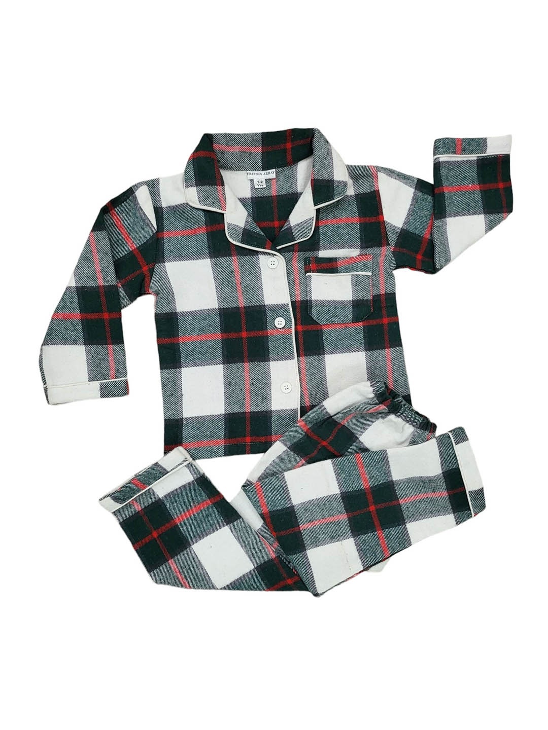 

Freesia Array Unisex Kids Checked Slip On Long Sleeves Night suit, White